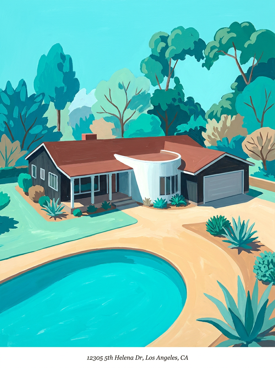 Illustrated portrait of 12305 5th Helena Dr — single-story ranch with terra-cotta tile roof, turquoise free-form pool, eucalyptus and cypress.