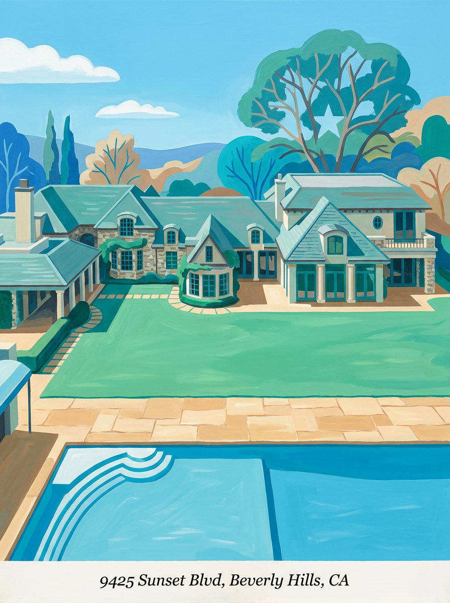 Illustrated portrait of 9425 Sunset Blvd — sprawling Beverly Hills estate with French gabled roofs, vast green lawn, and a long turquoise pool in the foreground.